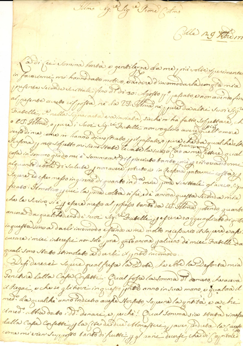Manoscritto, lettera originale 1774 COLLE VAL D ELSA SI Canonico Pietro LUCI indaga sulla dote materna 1