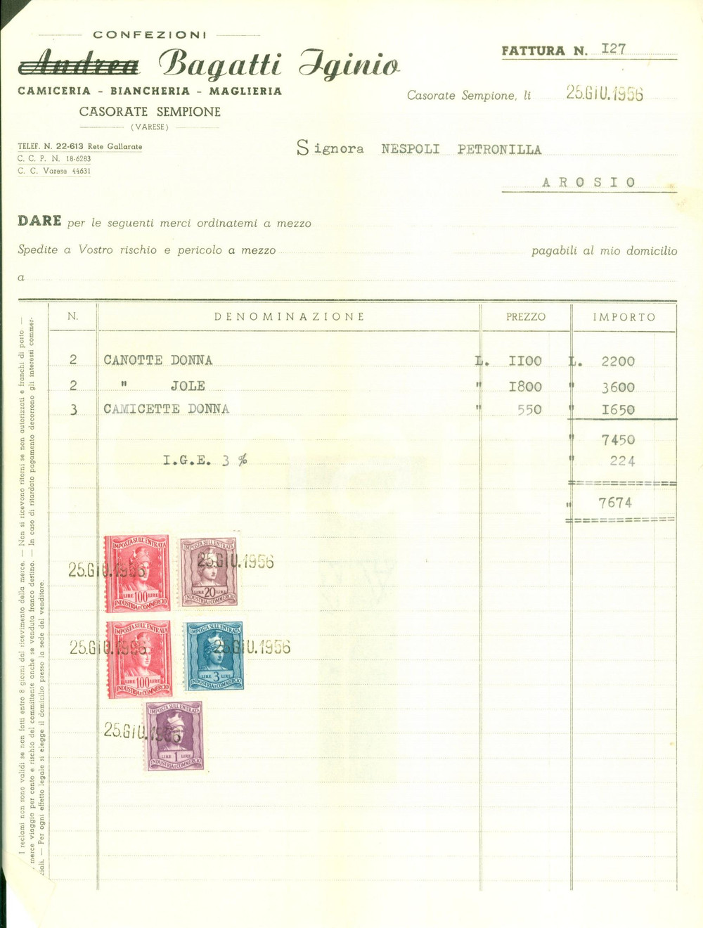 Documento originale, autentico 1956 CASORATE SEMPIONE VA Iginio BAGATTI Pizzi ricami biancheria Fattura 1