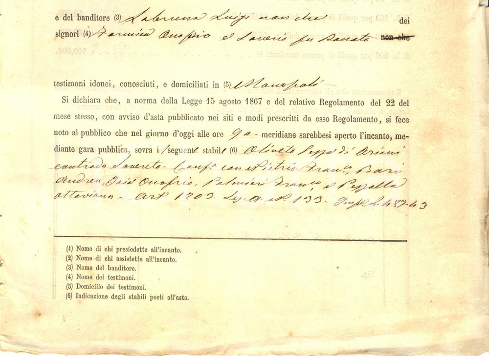 Documento originale, autentico 1874 MONOPOLI (BA) Vito BIANCHI acquista oliveto detto Pezza di ARIANI 1