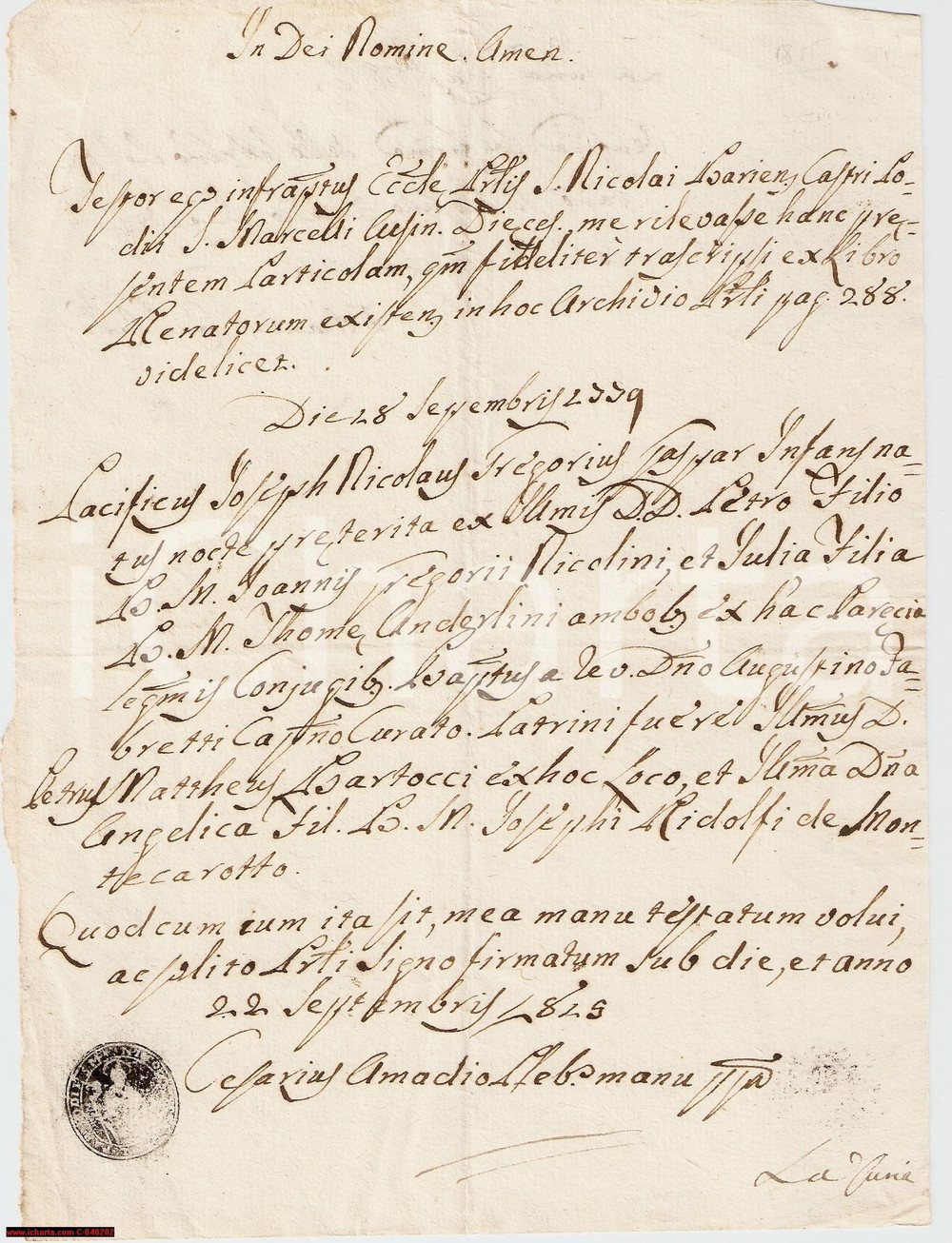 Documento originale, autentico 1815 POGGIO SAN MARCELLO (AN) Nascita Pacifico NICOLINI 1