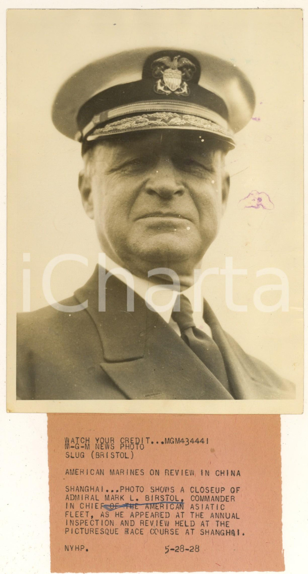 Fotografia d epoca originale 1928 US ASIATIC FLEET  Admiral Mark L. Bristol Commander  DAMAGED photo 1