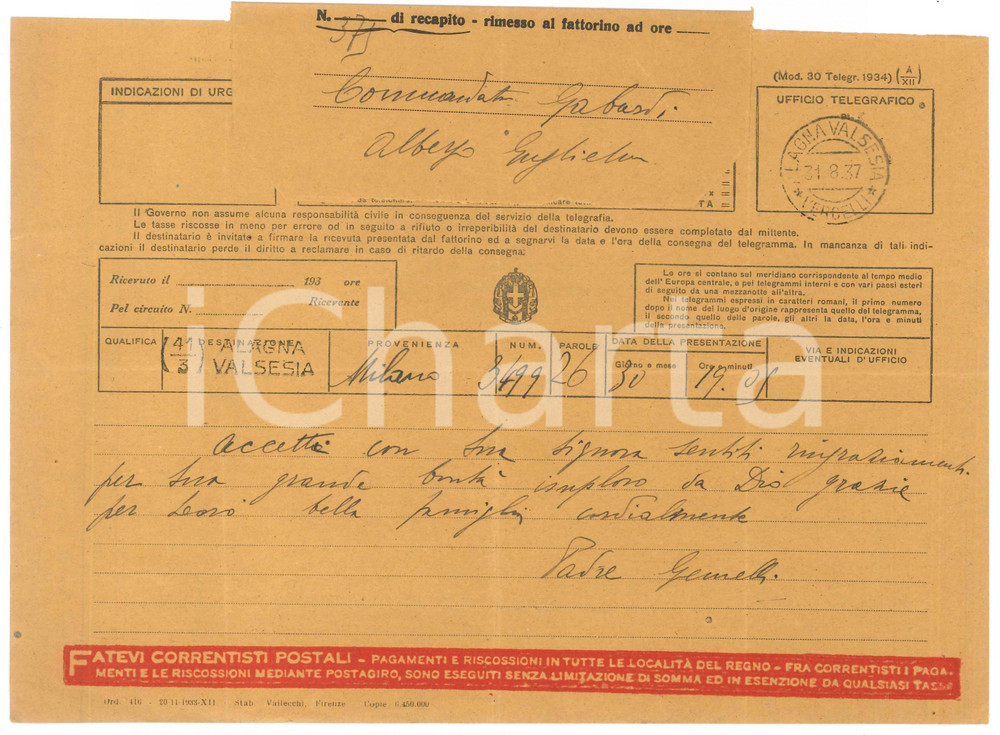 Documento originale, autentico 1937 MILANO Telegramma padre Agostino GEMELLI  Ringraziamenti 1