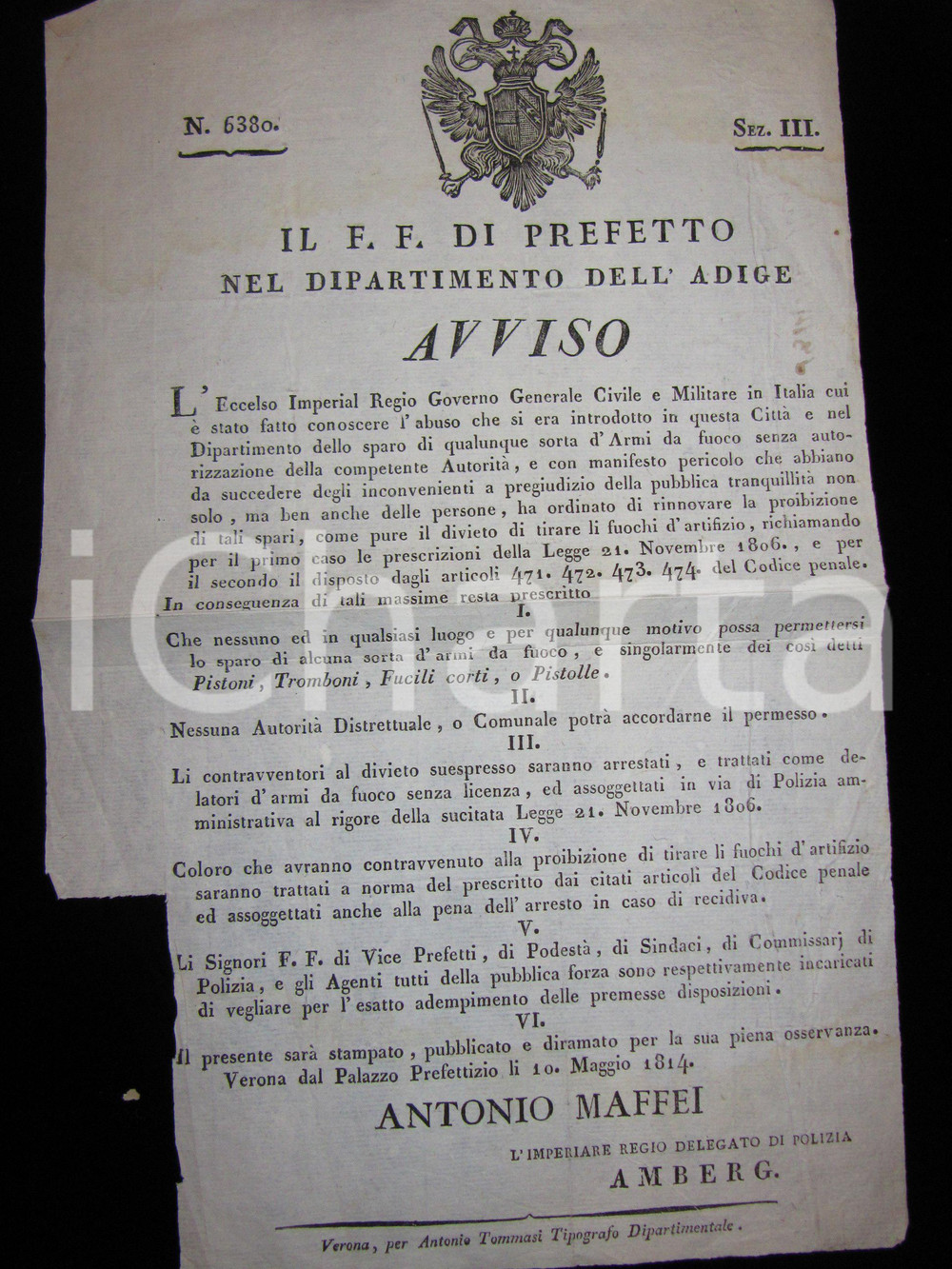 1814 VERONA Proibito sparare con pistole in città Dipartimento ADIGE Manifestino