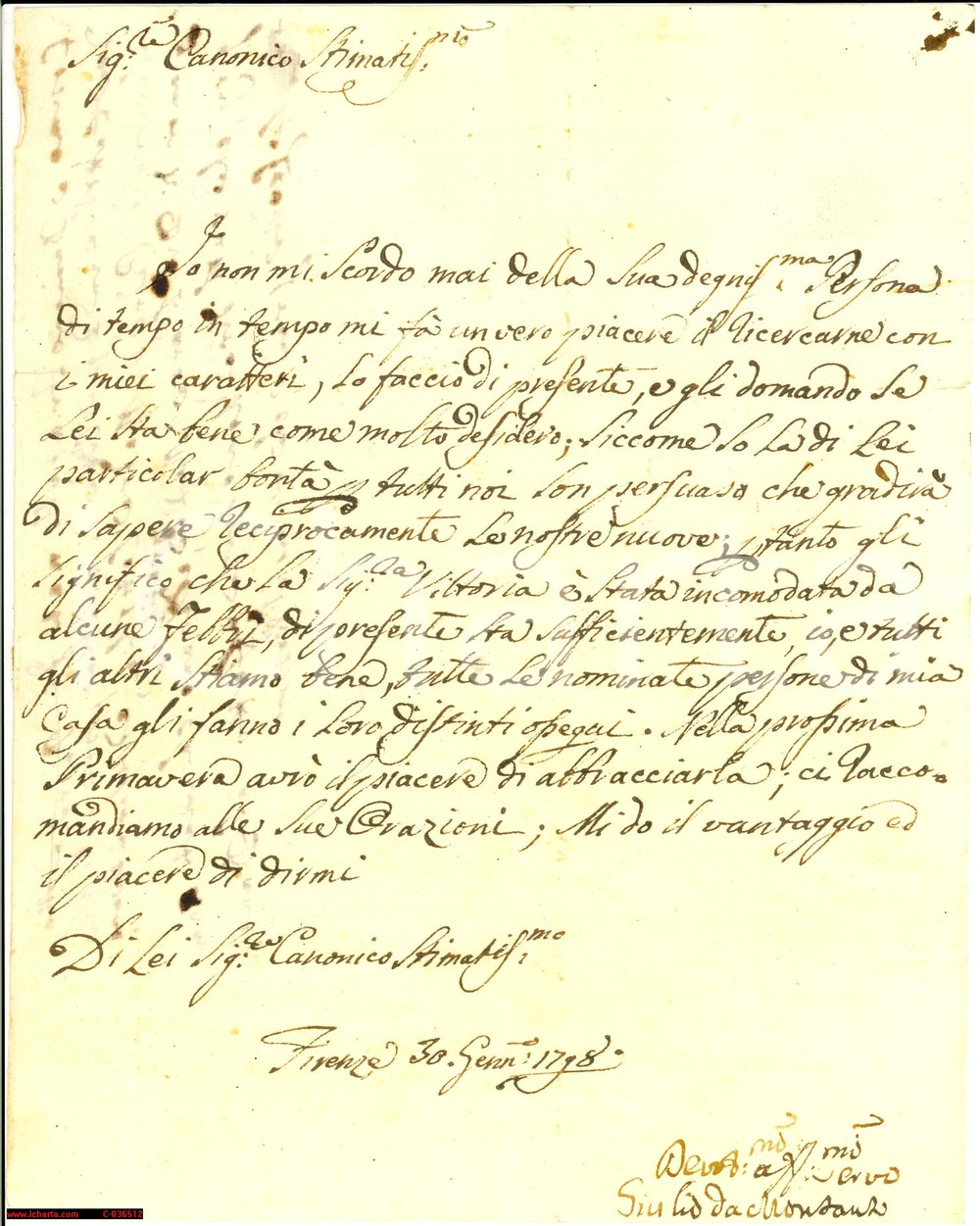Documento originale, autentico 1798 FIRENZE Vittoria MORGANTI incomodata da febbri  Lettera 1