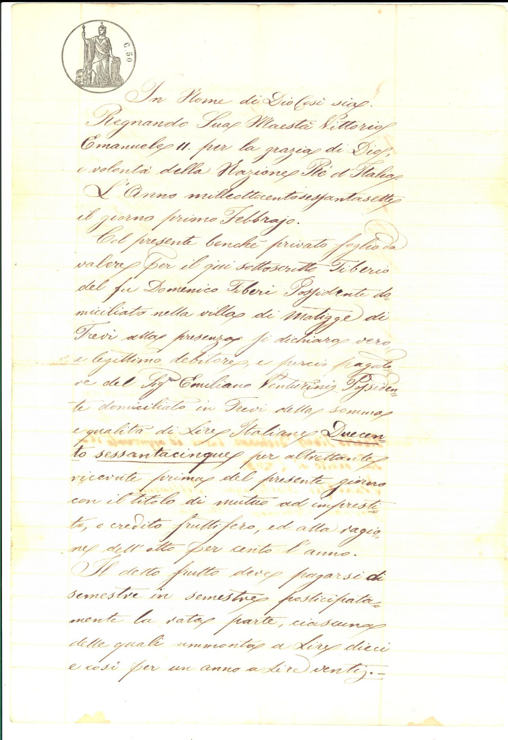 Documento originale, autentico 1867 MATIGGE TREVI PG Tiberio TIBERI debitore di Emiliano VENTURINI Documento 1