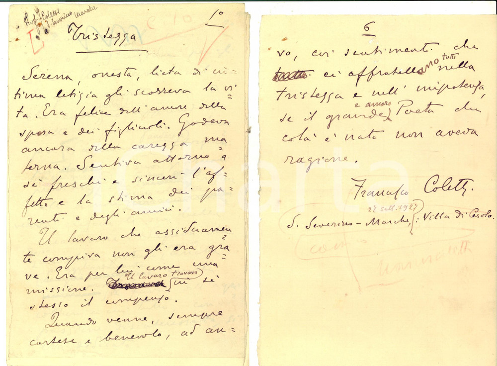 1927 SAN SEVERINO MARCHE Francesco COLETTI Tristezza *Discorso funebre AUTOGRAFO