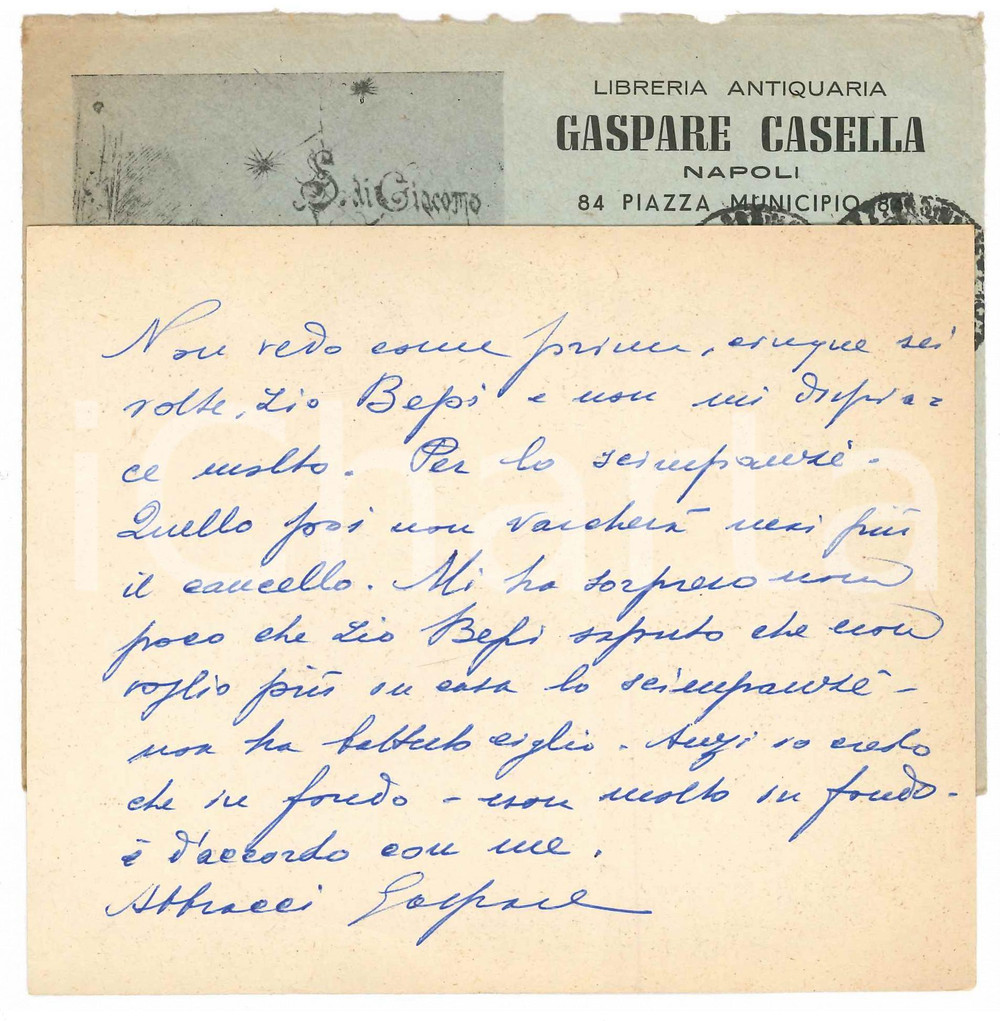 Autografo originale 1957 NAPOLI Libraio Gaspare CASELLA Cartolina a un amico  Autografo 1