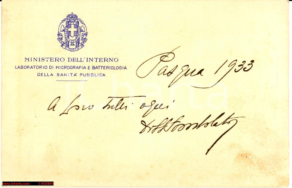 Autografo originale 1933 ROMA Ministero dell'Interno *Auguri dott. TOMBOLATO Laboratorio micrografia 1