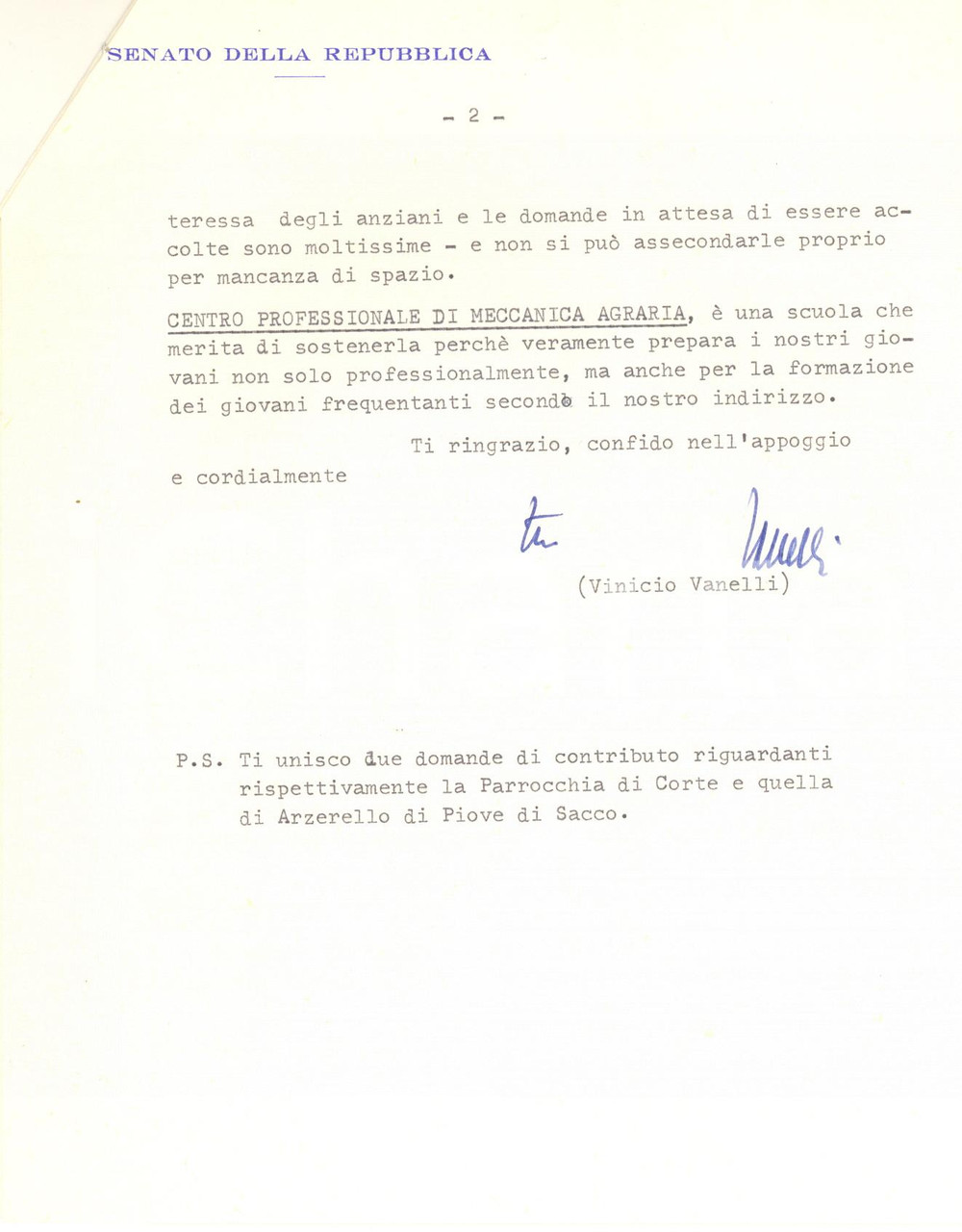 Autografo originale 1976 ROMA Lettera Vinicio VANELLI per assunzione di un giovane  Autografo 1