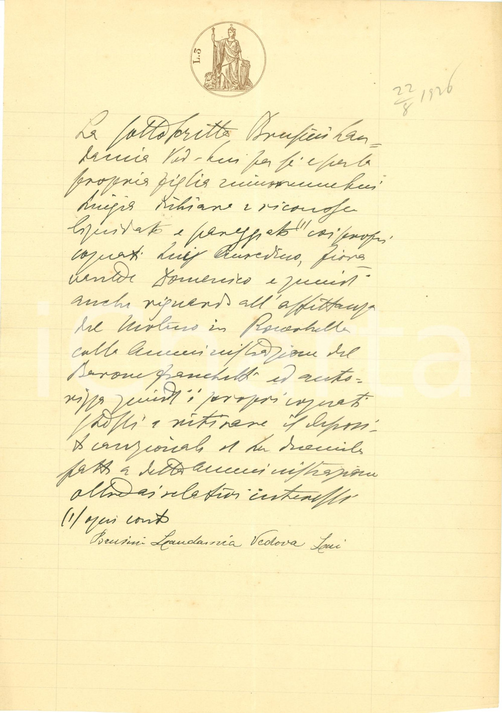 Documento originale, autentico 1926 ROVERBELLA (MN) Laudamia BRUSINI chiude i conti con il mulino *Documento 1