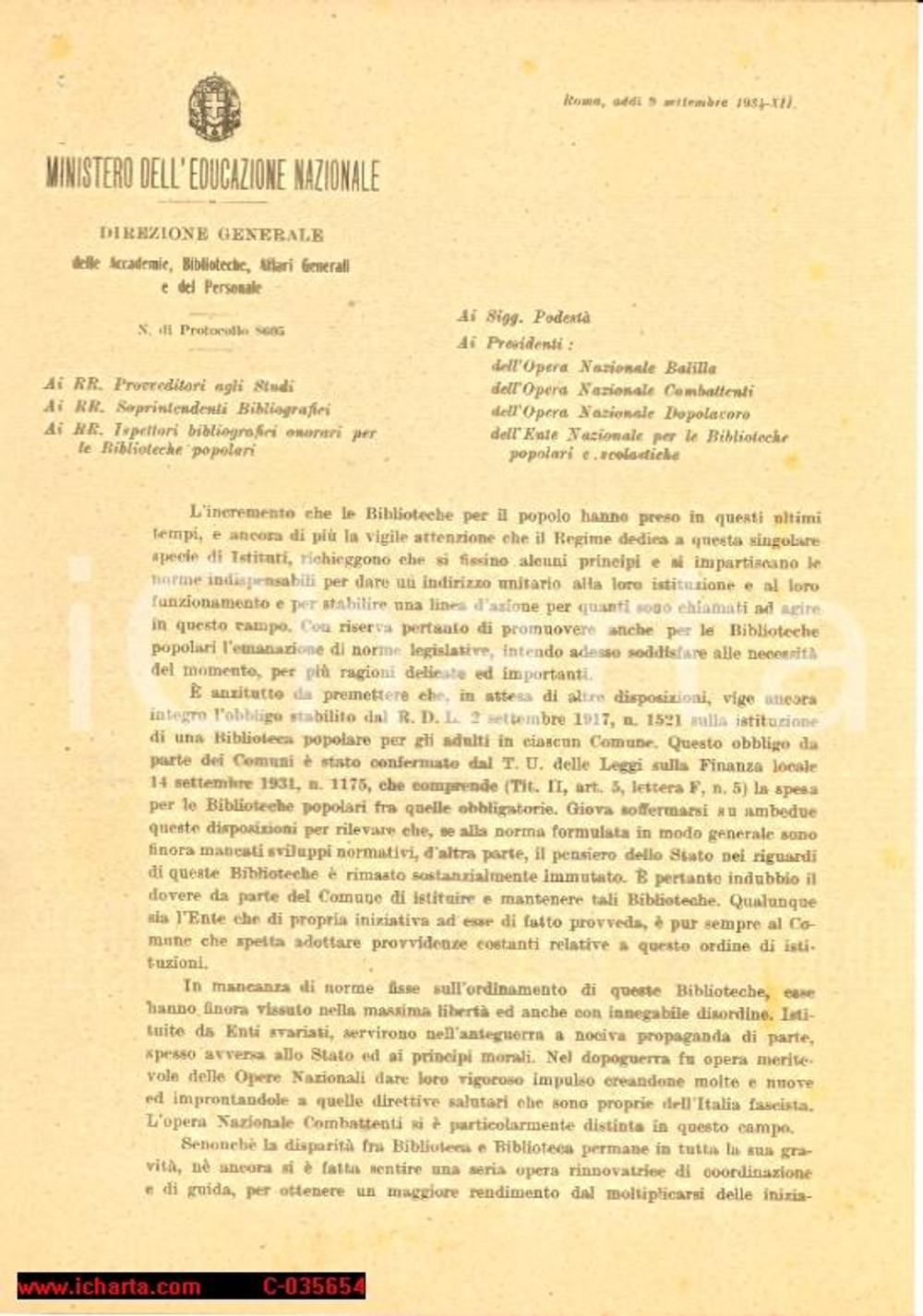 Documento originale, autentico 1934 Min. Educazi ISTITUZIONE BIBLIOTECHE POPOLARI 1