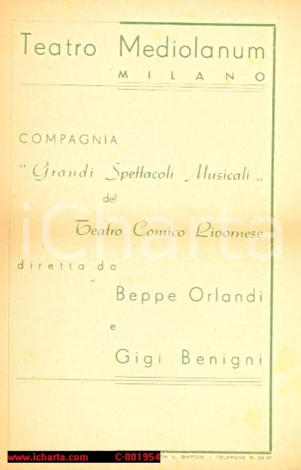 Materiale pubblicitario d’epoca 1940 ca MILANO TEATRO MEDIOLANUM Volantino Beppe ORLANDI Comico livornese 1