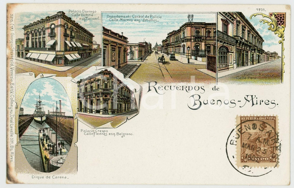 1902 BUENOS AIRES (ARGENTINA) Vistas Departemento Policia - Tarjeta postal Cartolina postale d'epoca, stampata in cromolitografia, con bollo e timbro.CONDIZIONI: G (minime smussature angolari)FORMATO: FPEDITORE: V. Colmegna - Buenos Aires    originale e autentica 1