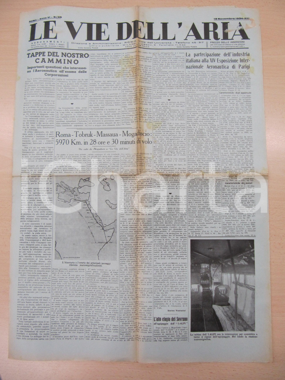 Giornale, rivista storica 1934 LE VIE DELL ARIA Aeroposta da MOGADISCIO Enrico VENTURINI Giornale 1