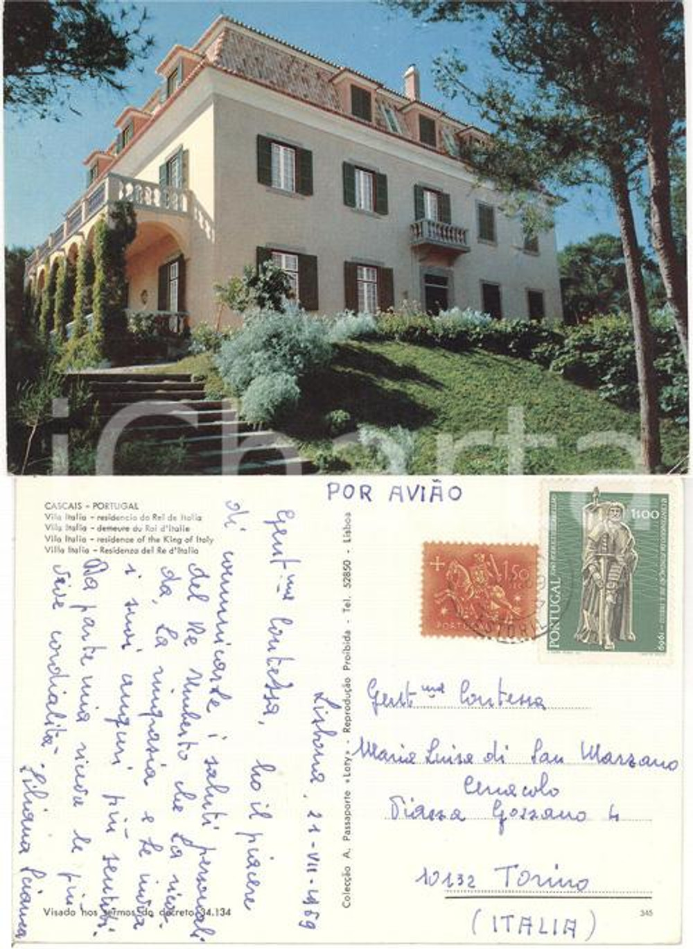 Autografo originale 1959 CASCAIS VILLA ITALIA Auguri corte Umberto II a Maria Luisa di SAN MARZANO 1