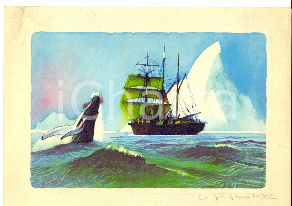Stampa, bozzetto originale 1960 ca ARTE Balena e veliero sul mare *Stampa a colori VINTAGE 27x20 cm 1