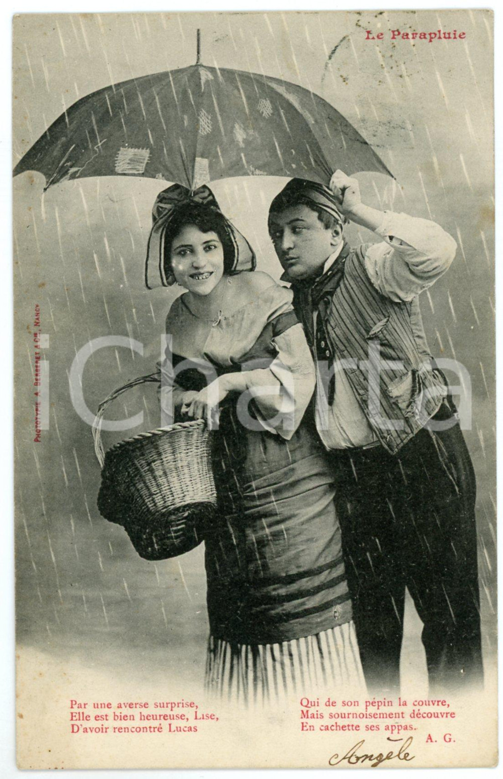 1903 FRANCE HUMOUR Le Parapluie - Lise et Lucas - Postcard A. BERGERET CPA  Cartolina postale d'epoca, viaggiata.EDITORE: A. Bergeret - Nancy FAIR/discreto piccola impressione di inchiostro al verso; lievi macchie e difetto di stampa Formato: 9x14 cm originale e autentica 1