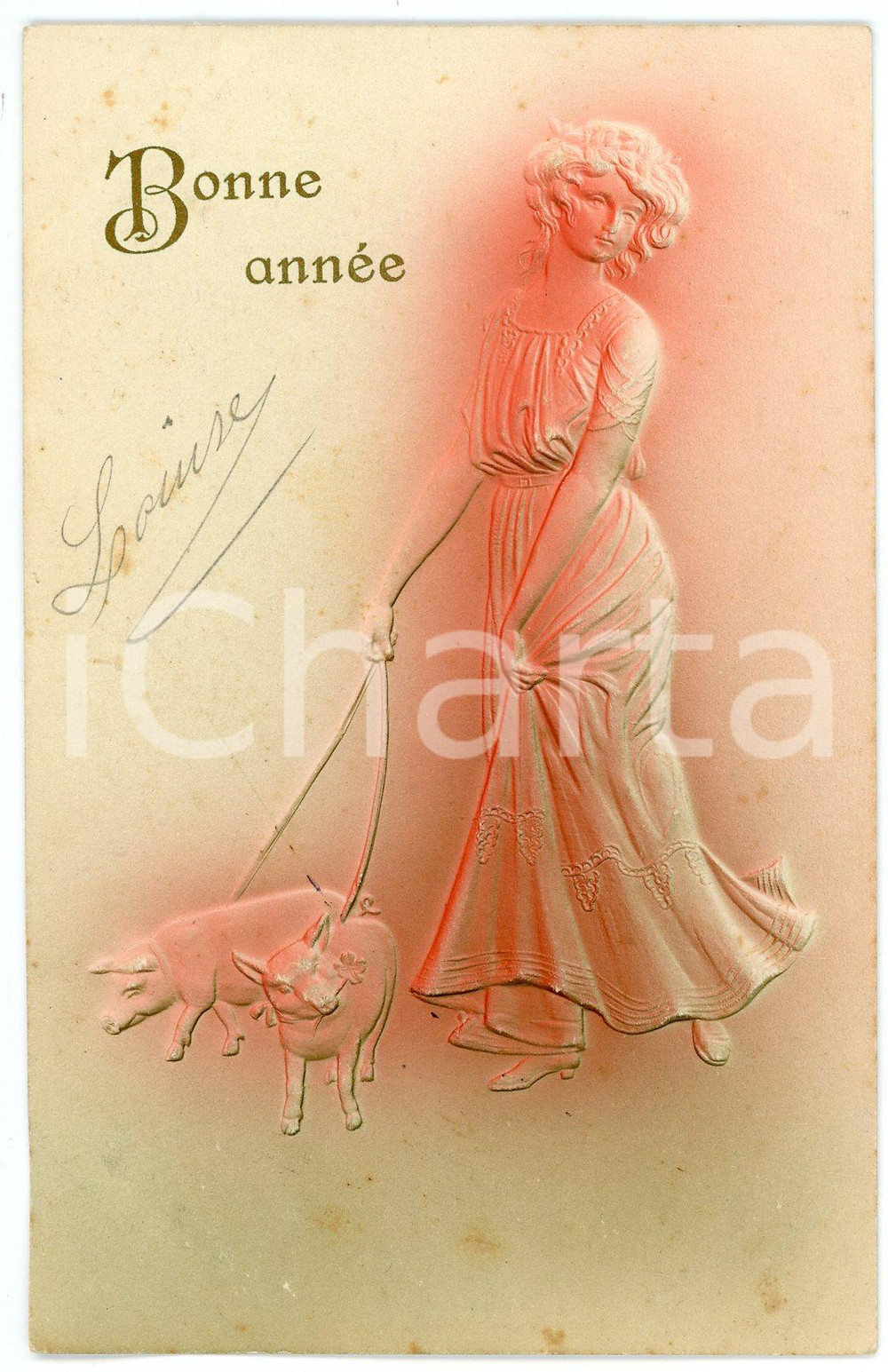 1923 BONNE ANNÃ‰E - Woman bringing pigs on leash - Embossed postcard  Cartolina postale d'epoca, viaggiata, in rilievo.CONDIZIONI: F (lievi macchie)FORMATO: FP    originale e autentica 1