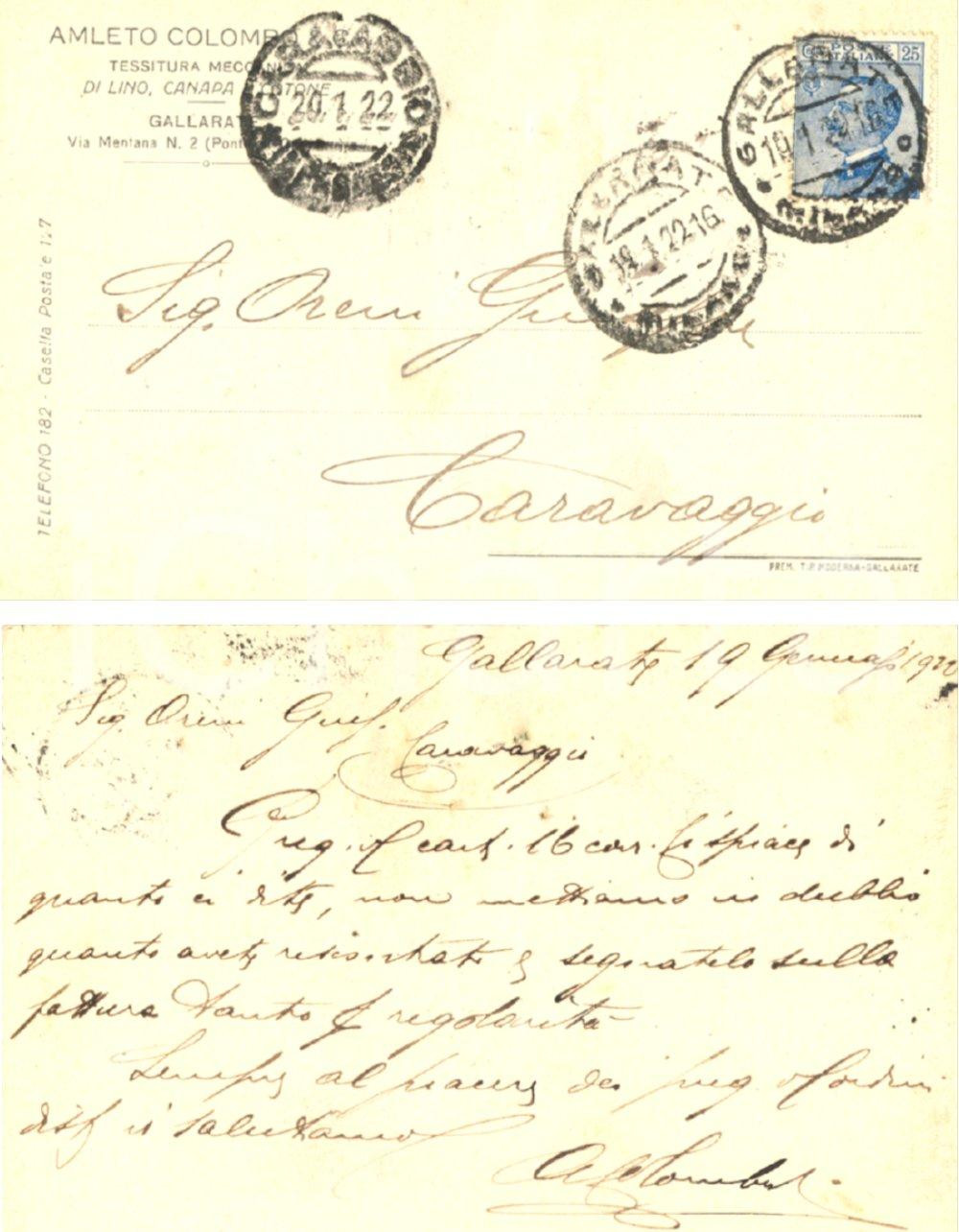Cartolina originale da collezione 1922 GALLARATE VA Amleto COLOMBO & C.  Tessitura meccanica canapa lino FP VG 1