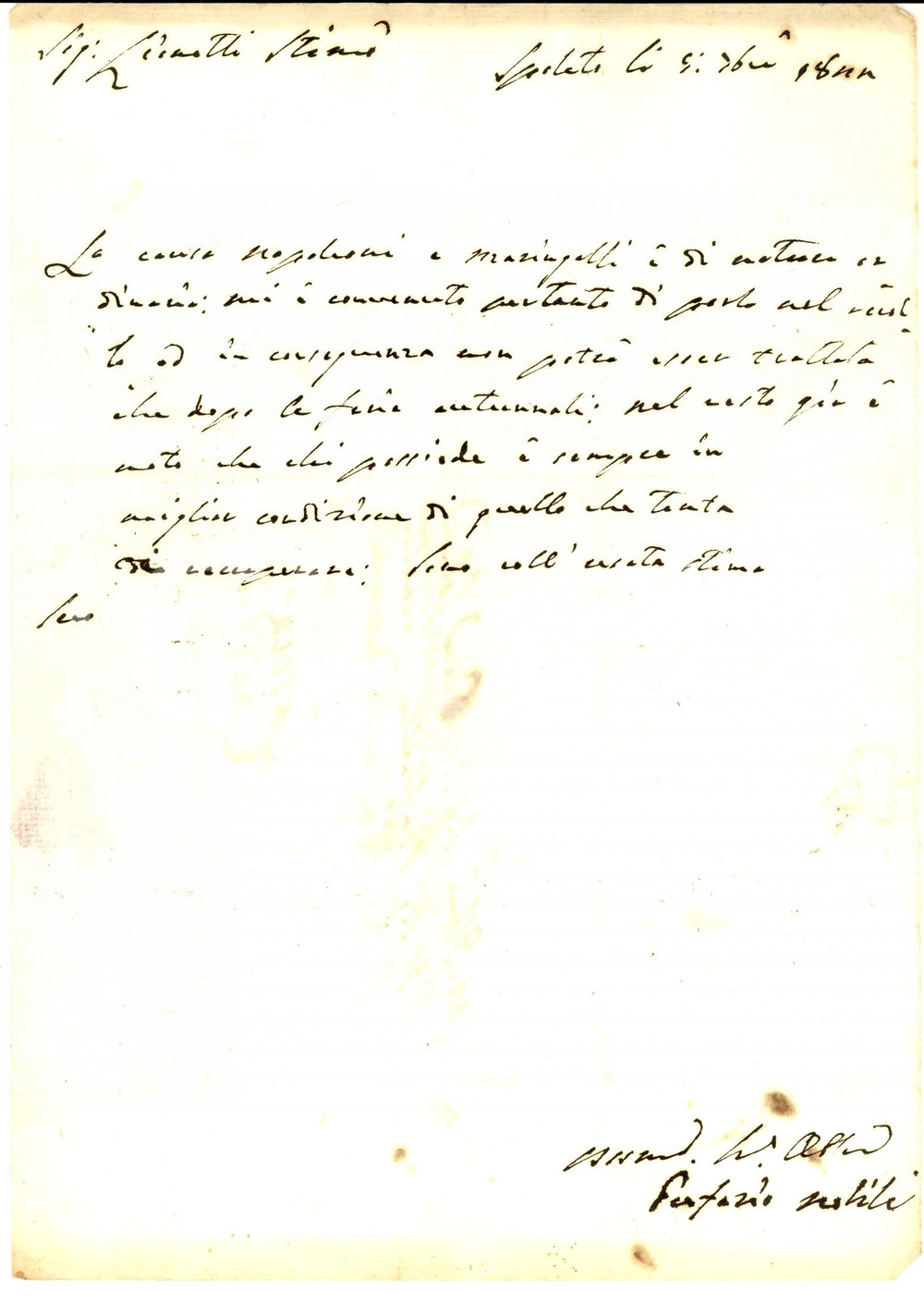 Manoscritto, lettera originale 1844 SPOLETO Prefazio NOBILI su una causa da trattare dopo le ferie autunnali 1
