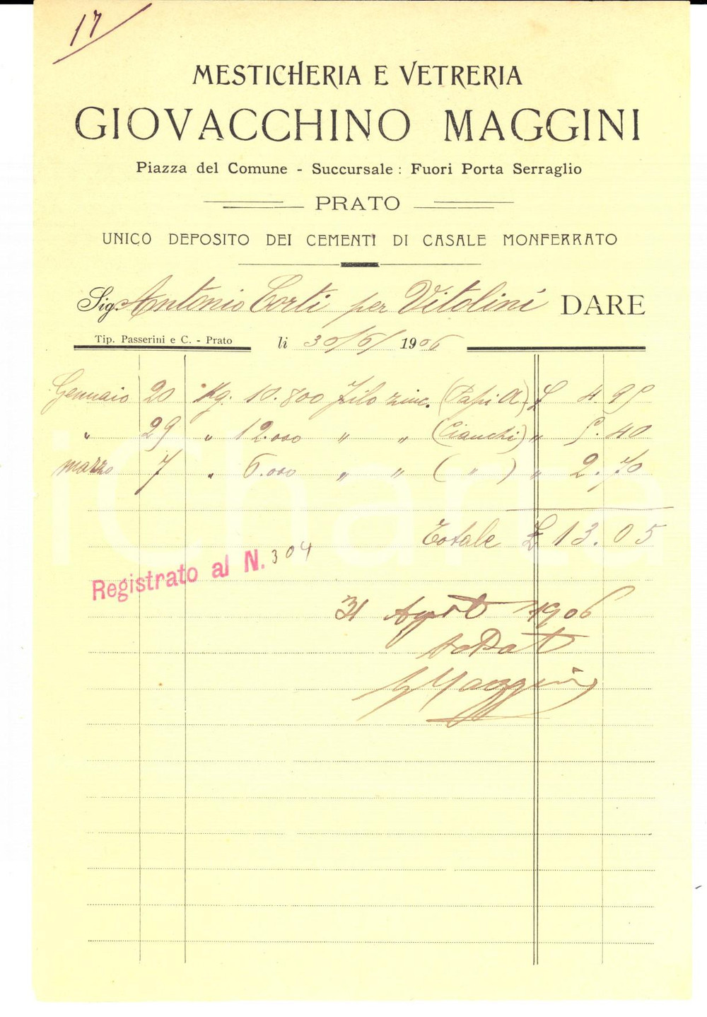 Documento originale, autentico 1906 PRATO Mesticheria e vetreria Giovacchino MAGGINI Fattura intestata 1