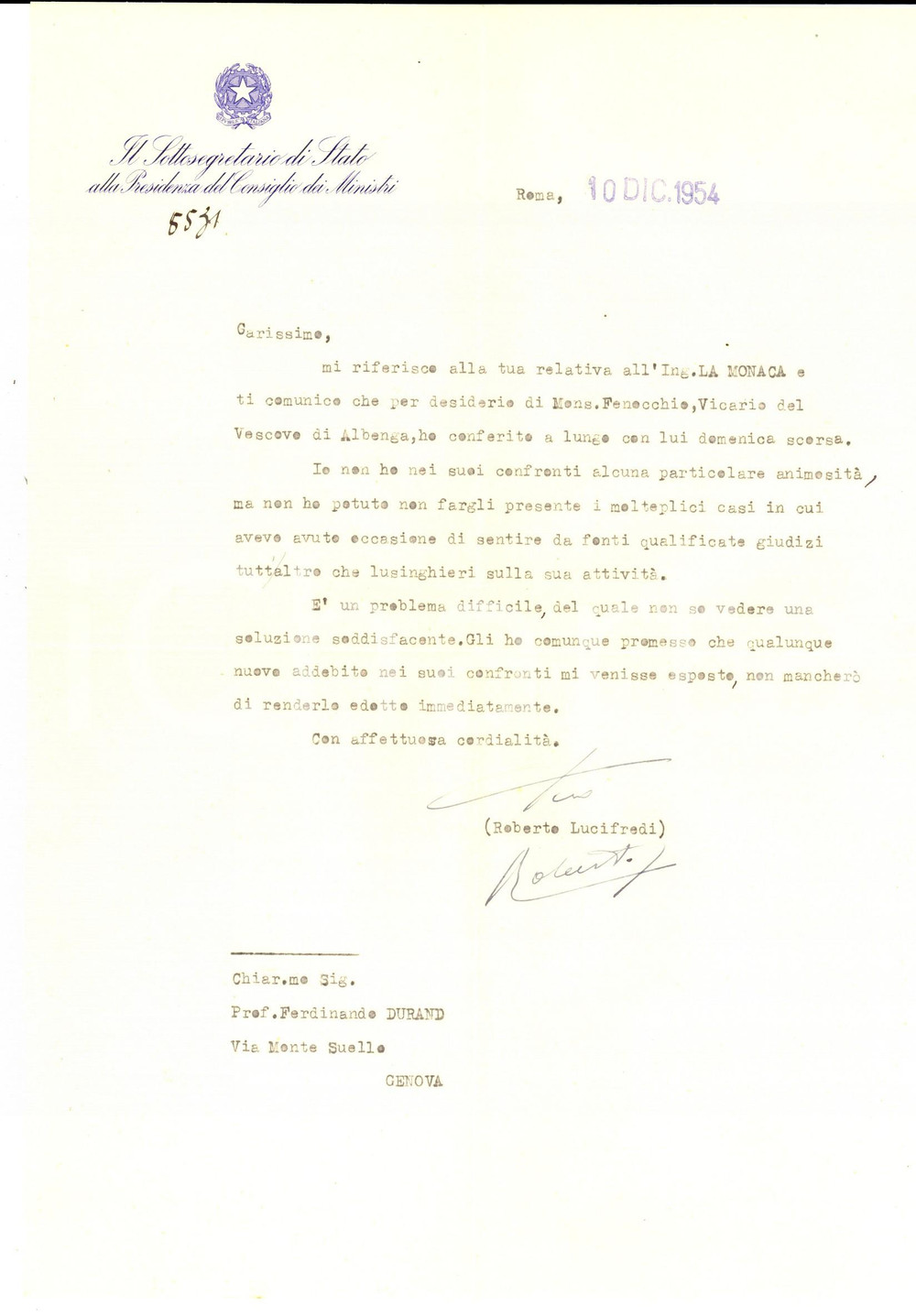Autografo originale 1954 ROMA Roberto LUCIFREDI e i cattivi giudizi sull ing. LA MONACA Autografo 1