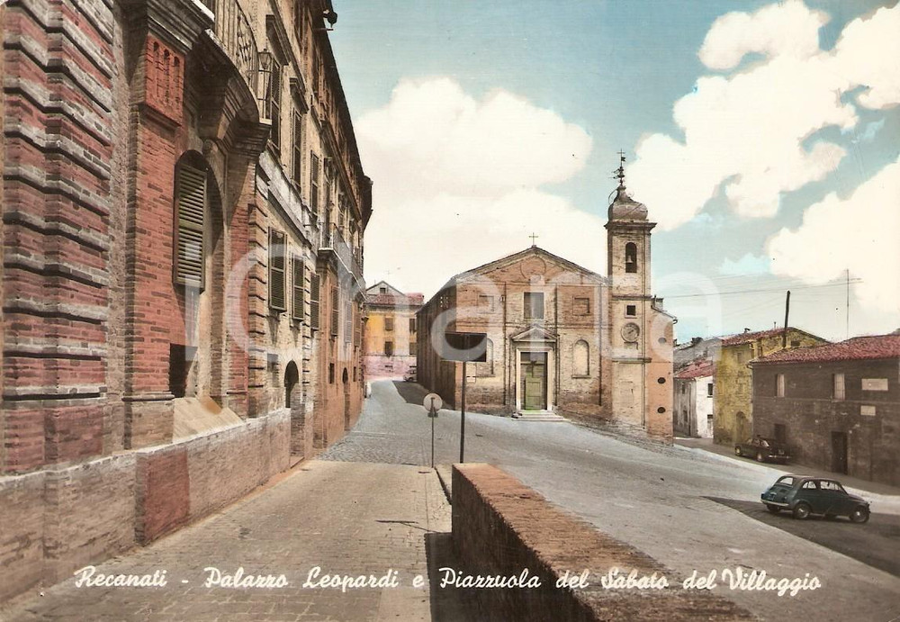 Cartolina originale da collezione 1965 RECANATI MC Palazzo Leopardi FIAT 500 Piazzuola Sabato del Villaggio FG 1