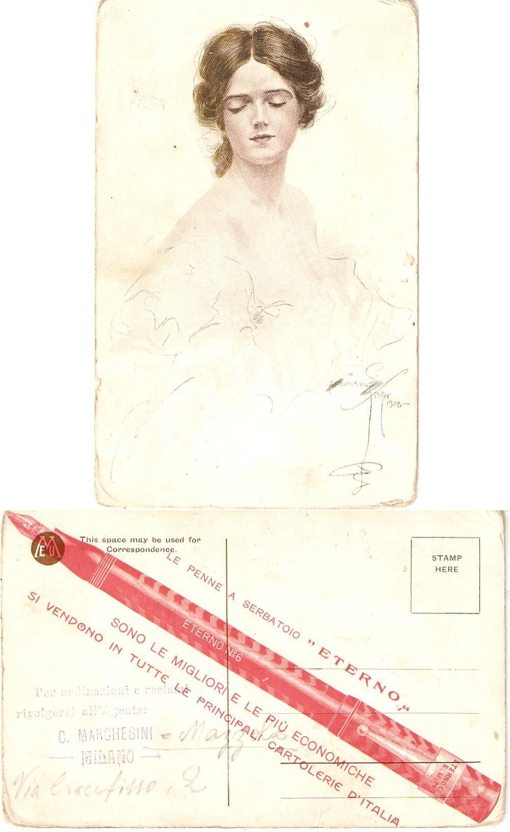 Cartolina originale da collezione 1920 ca MILANO Penne a serbatoio UHLMANN'S ETERNO *Cartolina DANNEGGIATA 1