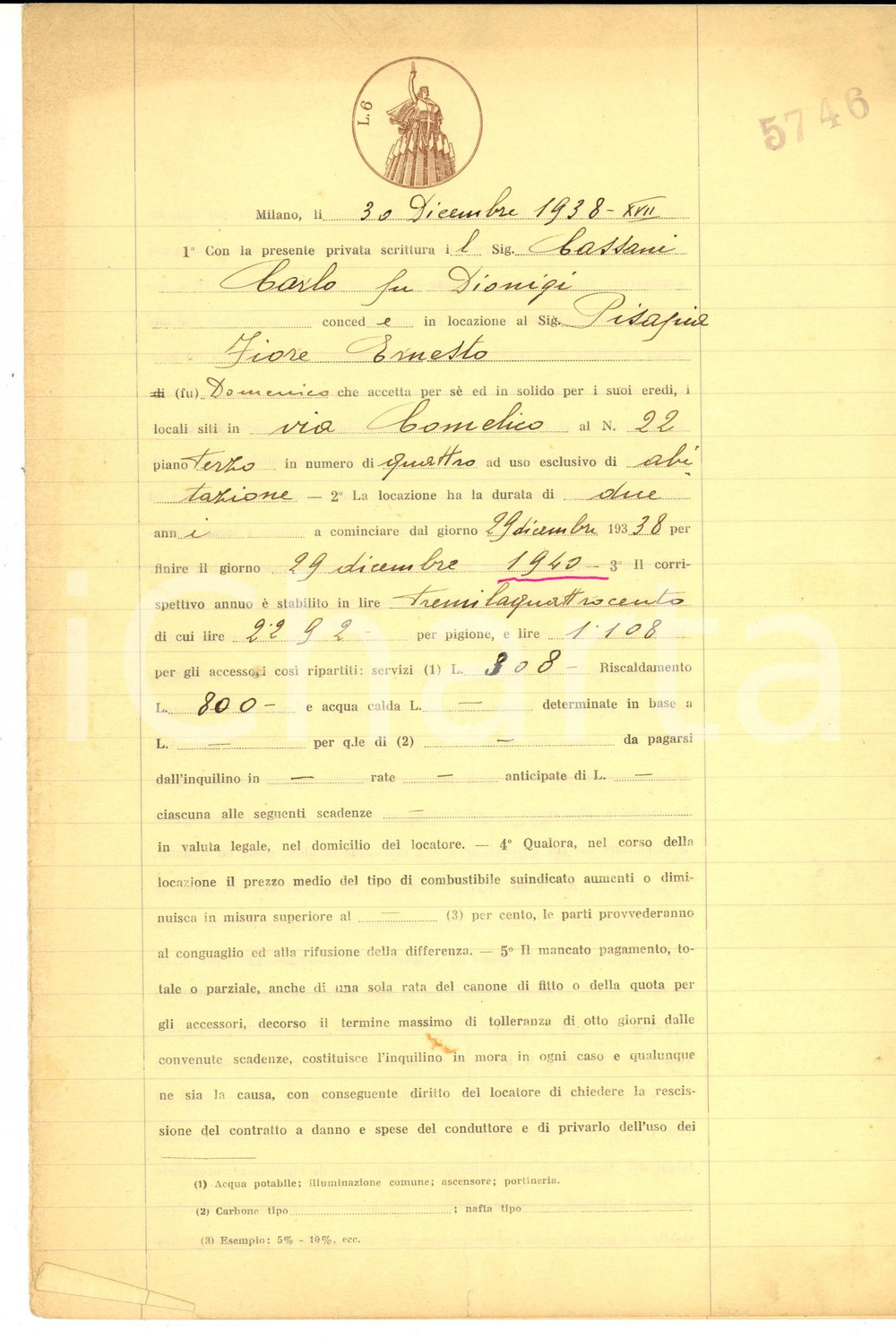 Documento originale, autentico 1938 MILANO Contratto di locazione tra Carlo CASSANI ed Ernesto PISAPIA 1