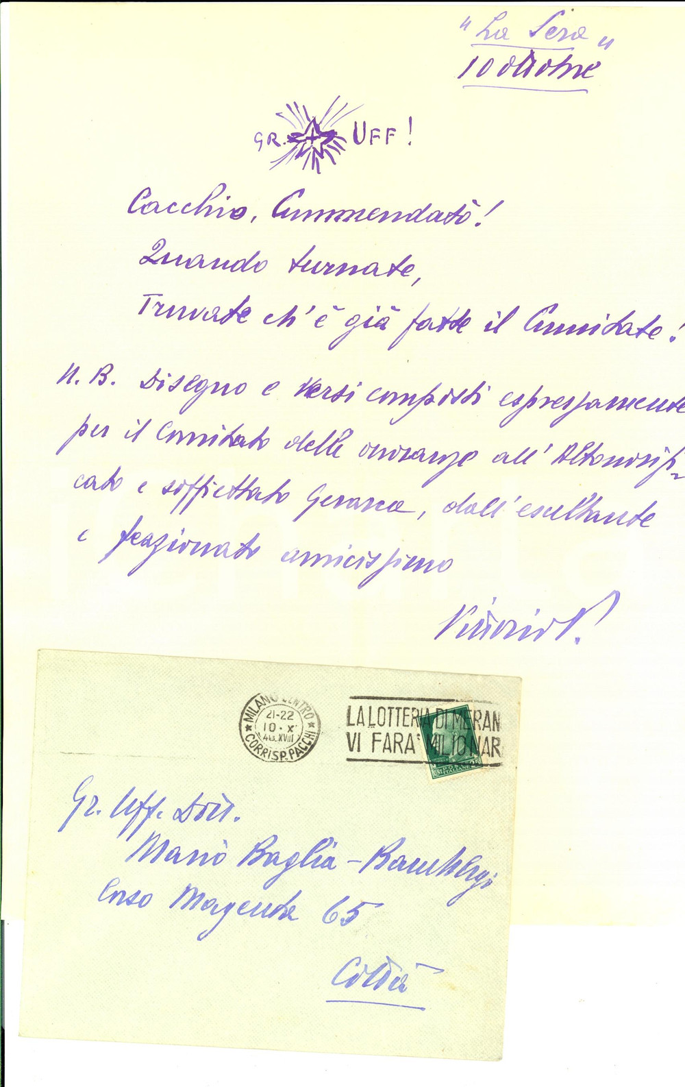 Manoscritto, lettera originale 1943 PARMA Quotidiano LA SERA Lettera goliardica a Mario BAGLIA BAMBERGI 1