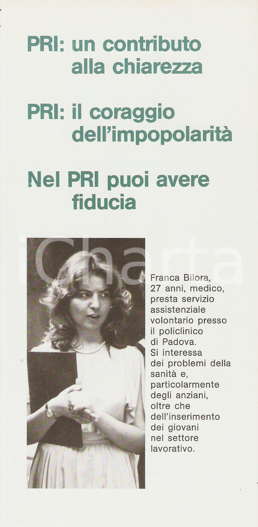 Materiale pubblicitario d’epoca 1985 PADOVA Franca BILORA Candidata PRI Elezioni amministrative Volantino 1