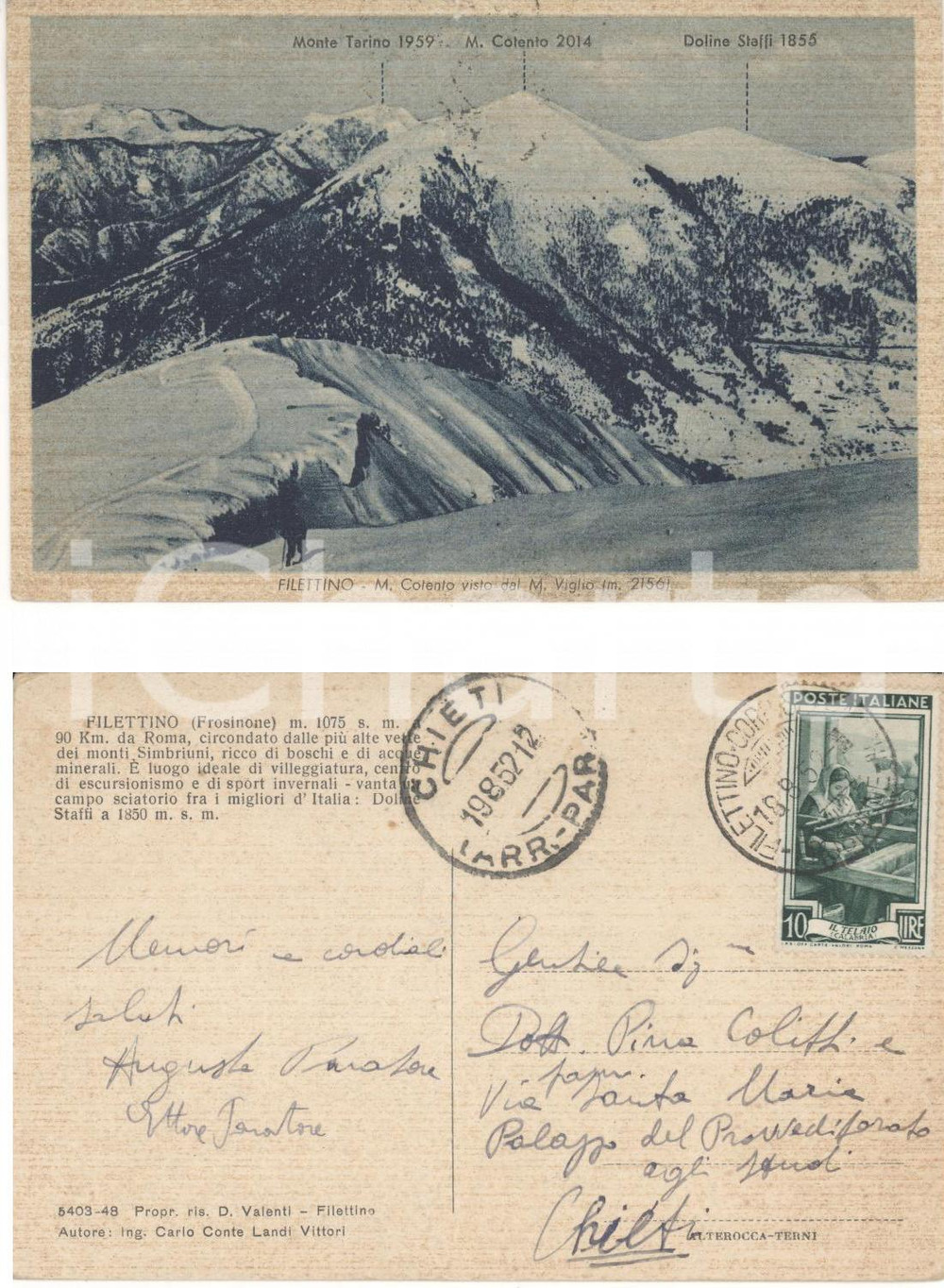 Autografo originale 1952 FILETTINO FR Monte COTENTO Cartolina autografo Ettore PARATORE e Augusta 1