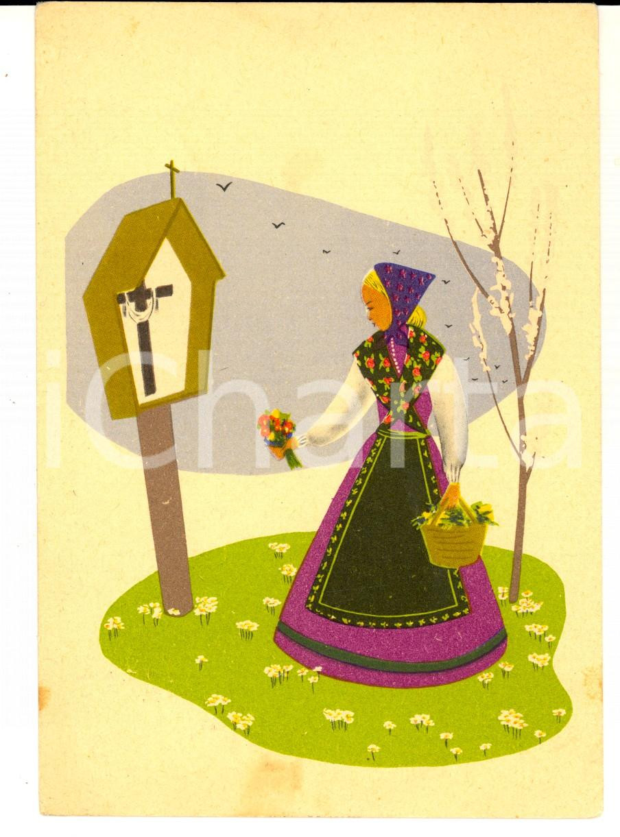 Cartolina originale da collezione 1949 COSTUMI VENEZIA GIULIA Donna omaggia il Crocifisso Cartolina ILLUSTRATA FG 1