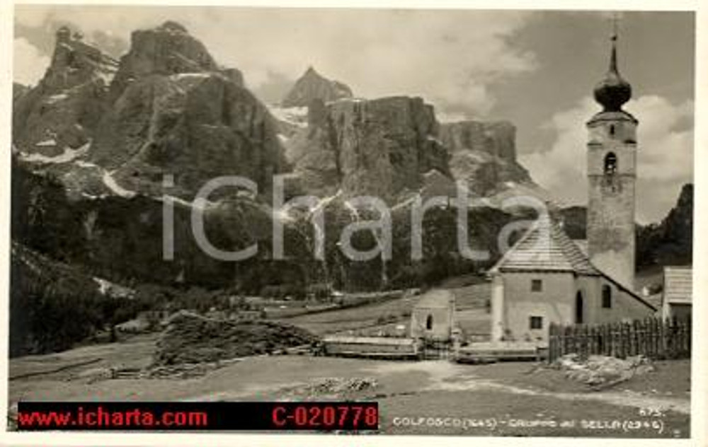 Cartolina originale da collezione 1950 ca COLFOSCO (ALTA BADIA) Chiesa e Gruppo del SELLA 1