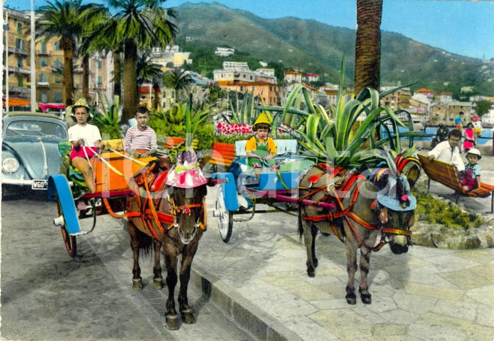Cartolina originale da collezione 1968 RAPALLO GE Passeggiata in carrozza sul lungomare ANIMATA VINTAGE FG VG 1