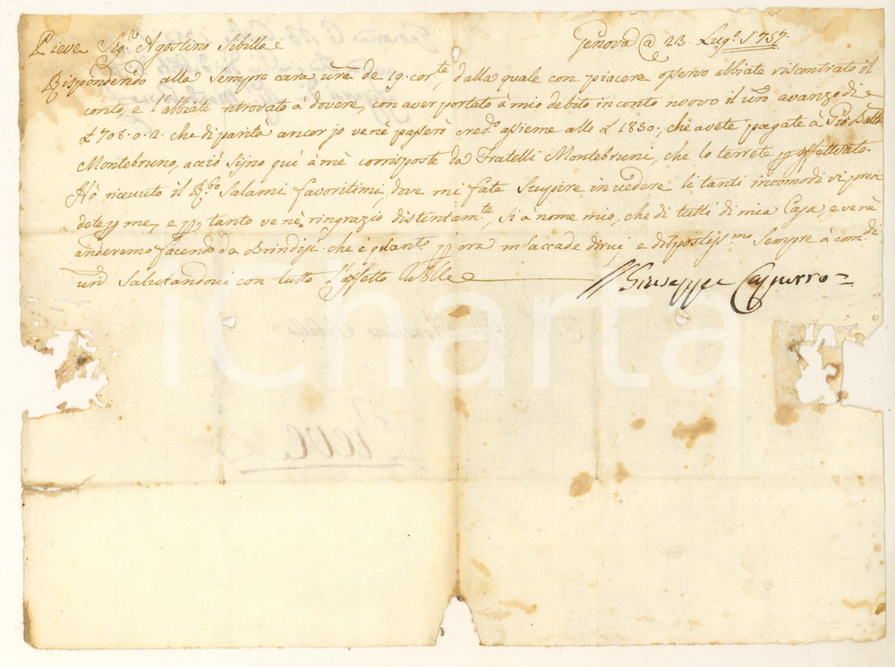 Documento originale, autentico 1757 GENOVA Giuseppe CAPURRO riceve un bastimento di salami Lettera 1