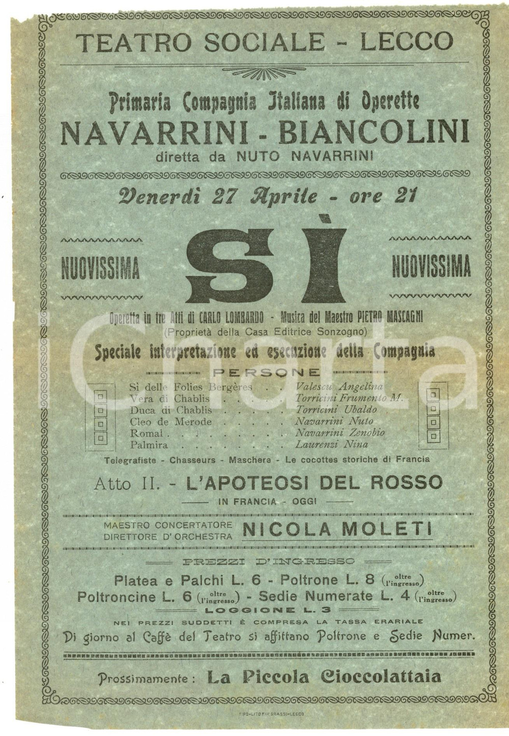 Materiale pubblicitario d’epoca 1923 LECCO TEATRO SOCIALE Compagnia NAVARRINIBIANCOLINI SÃ¬ Locandina 1