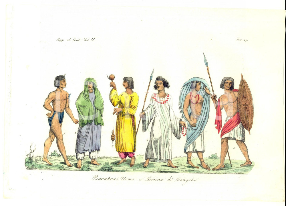 Stampa, bozzetto originale 1834 FERRARIO COSTUME ANTICO Barabra, uomo e donna di Dongola Stampa tav. 27 1