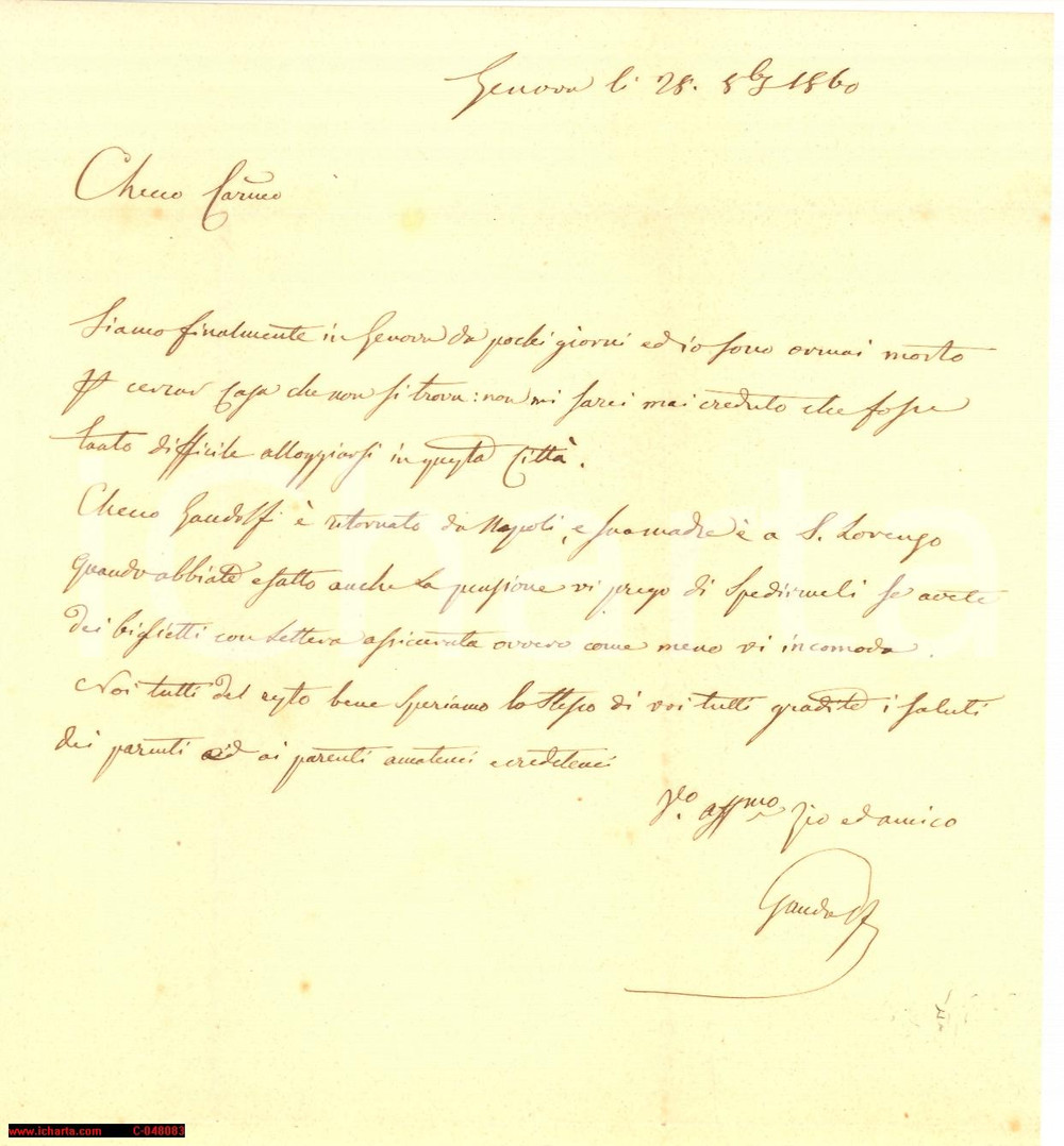 Documento originale, autentico 1860 GENOVA Nobile Gandolfi io sono ormai morto per cercar casa che non si trova 1