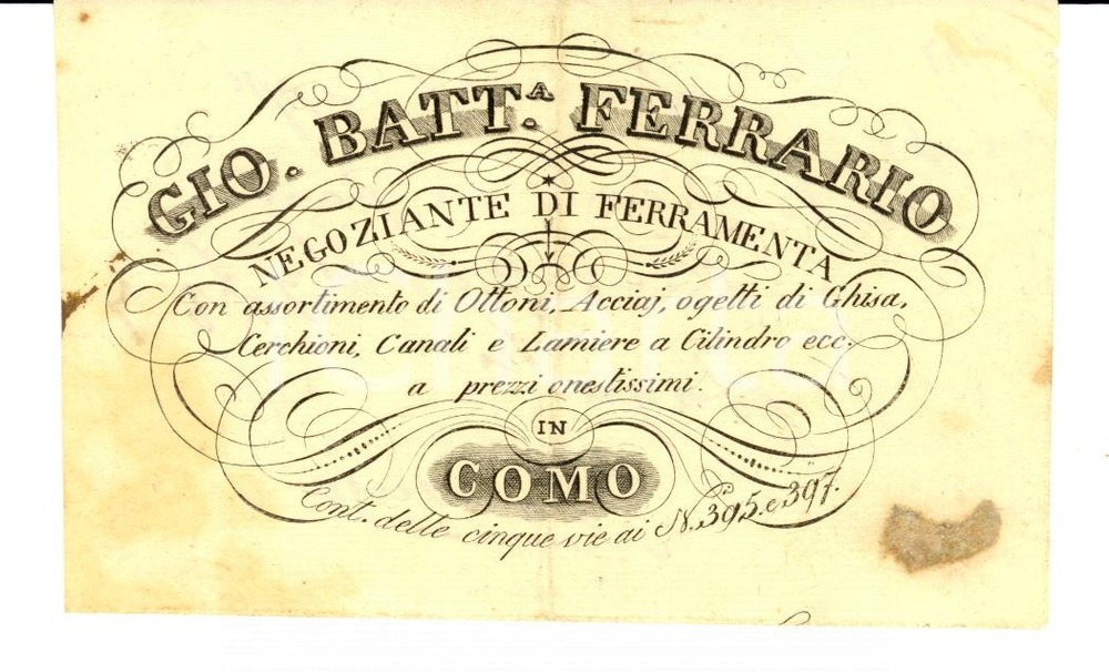 Documento originale, autentico 1800 COMO Giovanni Battista FERRARIO negozio ferramenta 1