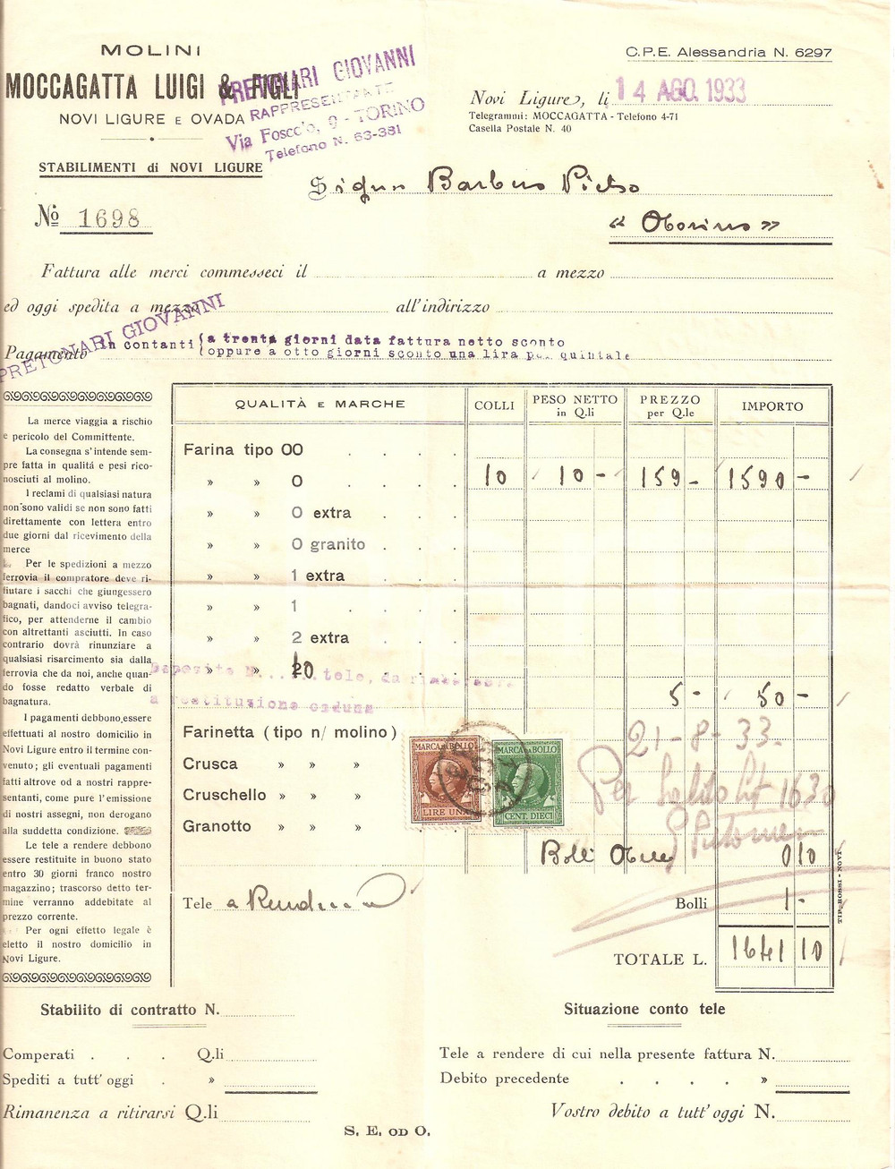 Documento originale, autentico 1933 NOVI LIGURE AL Molini Luigi MOCCAGATTA e Figli Vendita Farina Fattura 1