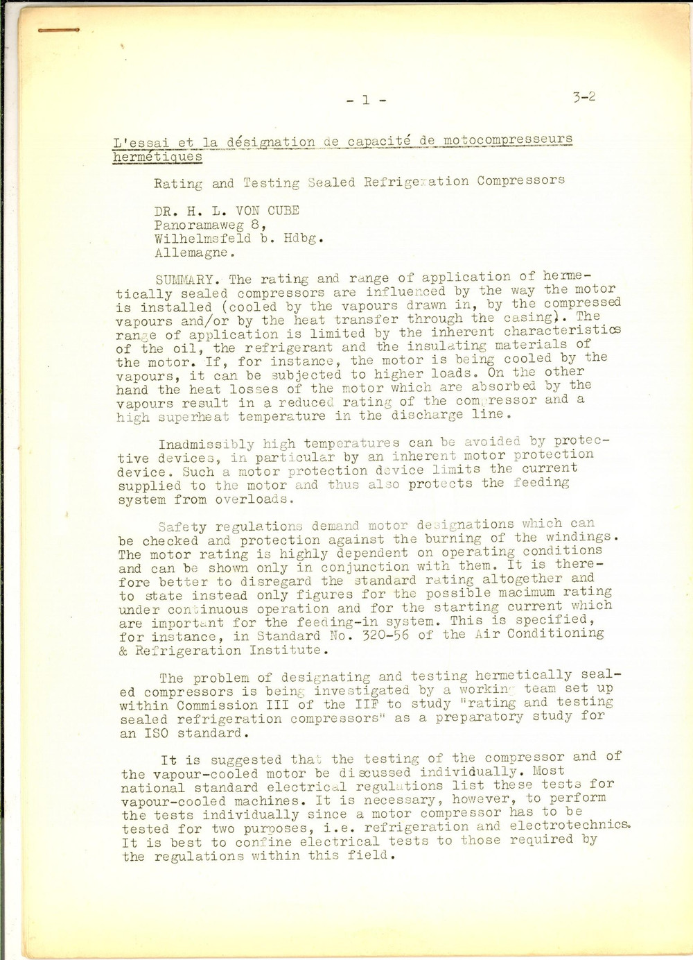 Materiale pubblicitario d’epoca 1960 ca H. L. VON CUBE Rating and testing sealed refrigeration compressors 1