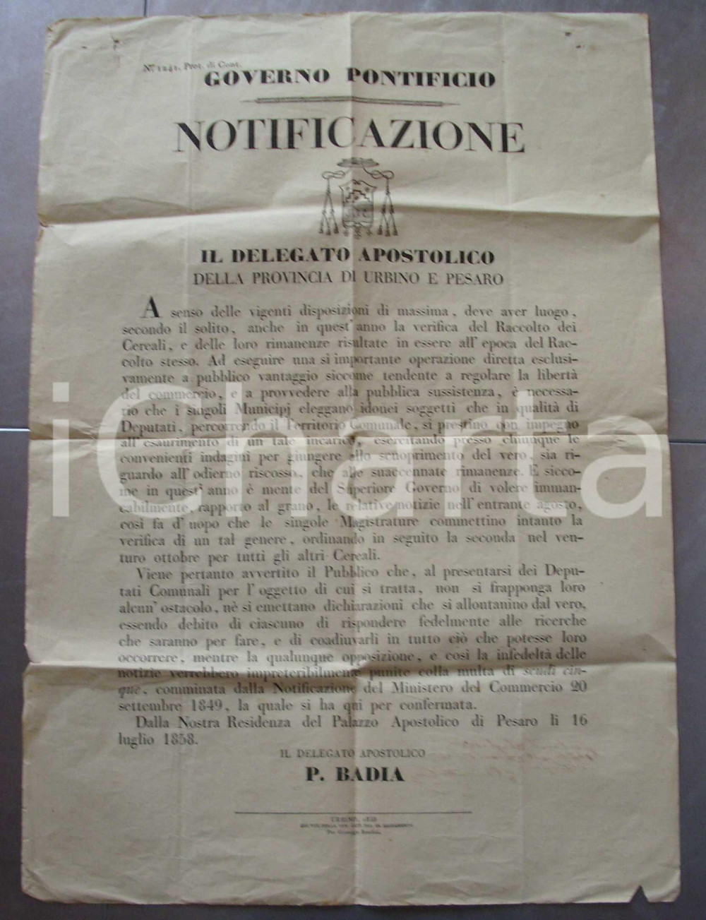 Documento originale, autentico 1858 PESARO Verifica apostolica sui cereali MANIFESTO 1