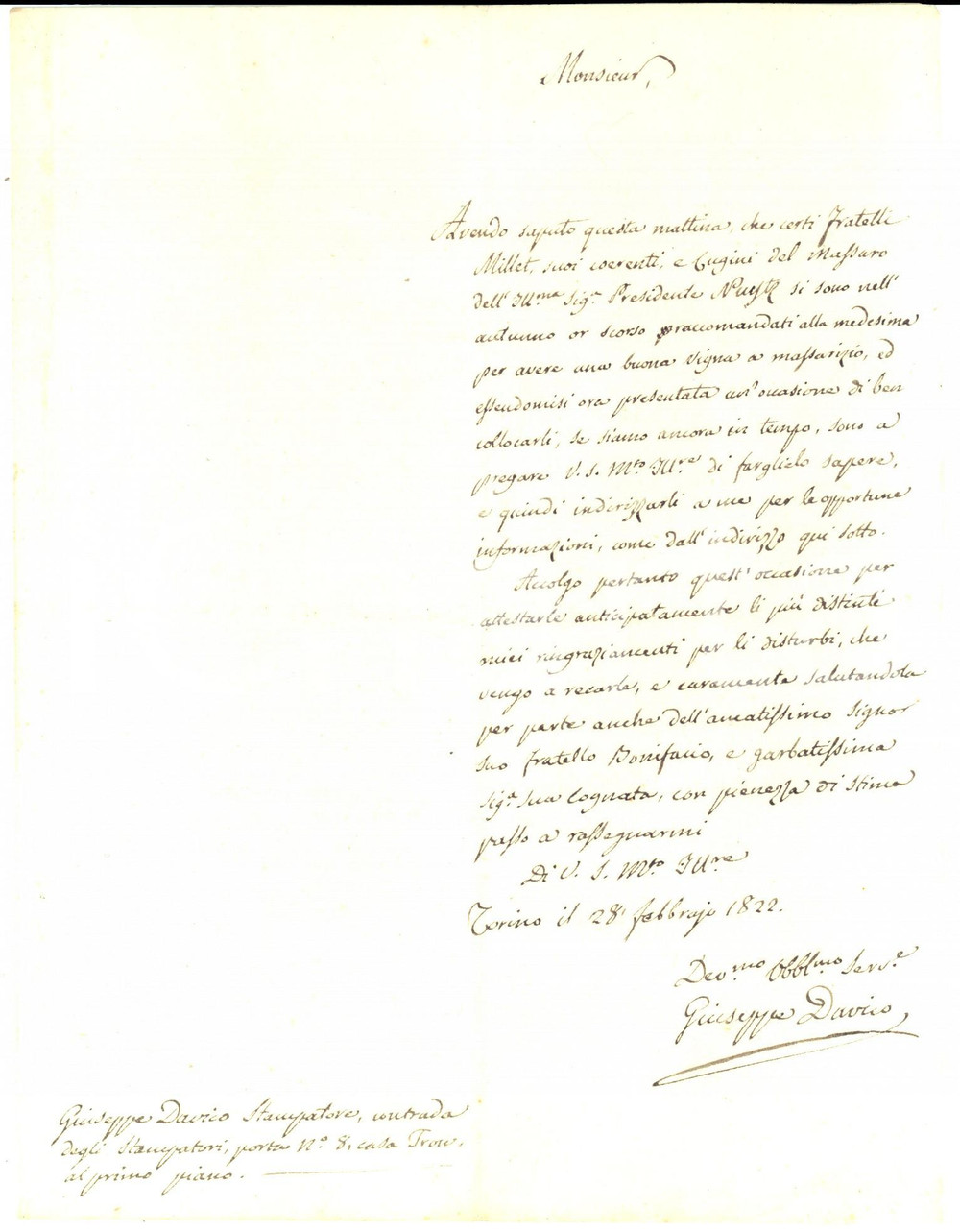 Manoscritto, lettera originale 1822 TORINO Stampatore Giuseppe DAVICO offre vigna ai fratelli MILLET Lettera 1
