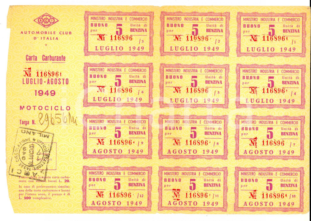 Documento originale, autentico Agosto 1949 ACI AUTOMOBILE CLUB ITALIA Carta carburante per motociclo 1