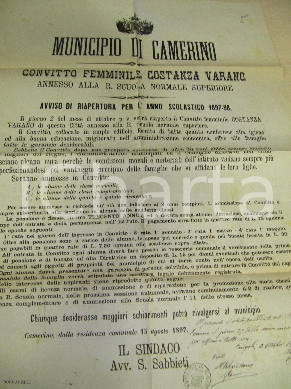 Documento originale, autentico 1897 CAMERINO (MC) convitto COSTANZA VARANO manifesto 1