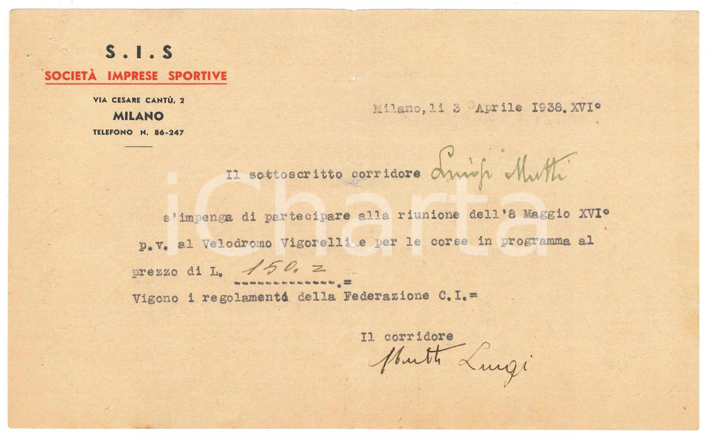 Autografo originale 1938 CICLISMO MILANO Luigi MUTTI conferma gara al Vigorelli  AUTOGRAFO 1