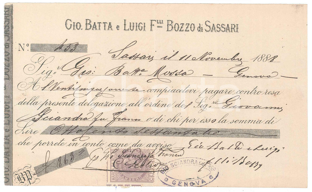 Oggetto da collezione cartaceo 1888 SASSARI  Ditta Giovanni Battista e Luigi Fratelli BOZZO  Cambiale 1