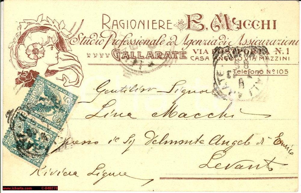 Manoscritto, lettera originale 1906 GALLARATE VA Rag. Enrico MACCHI Assicurazioni 1