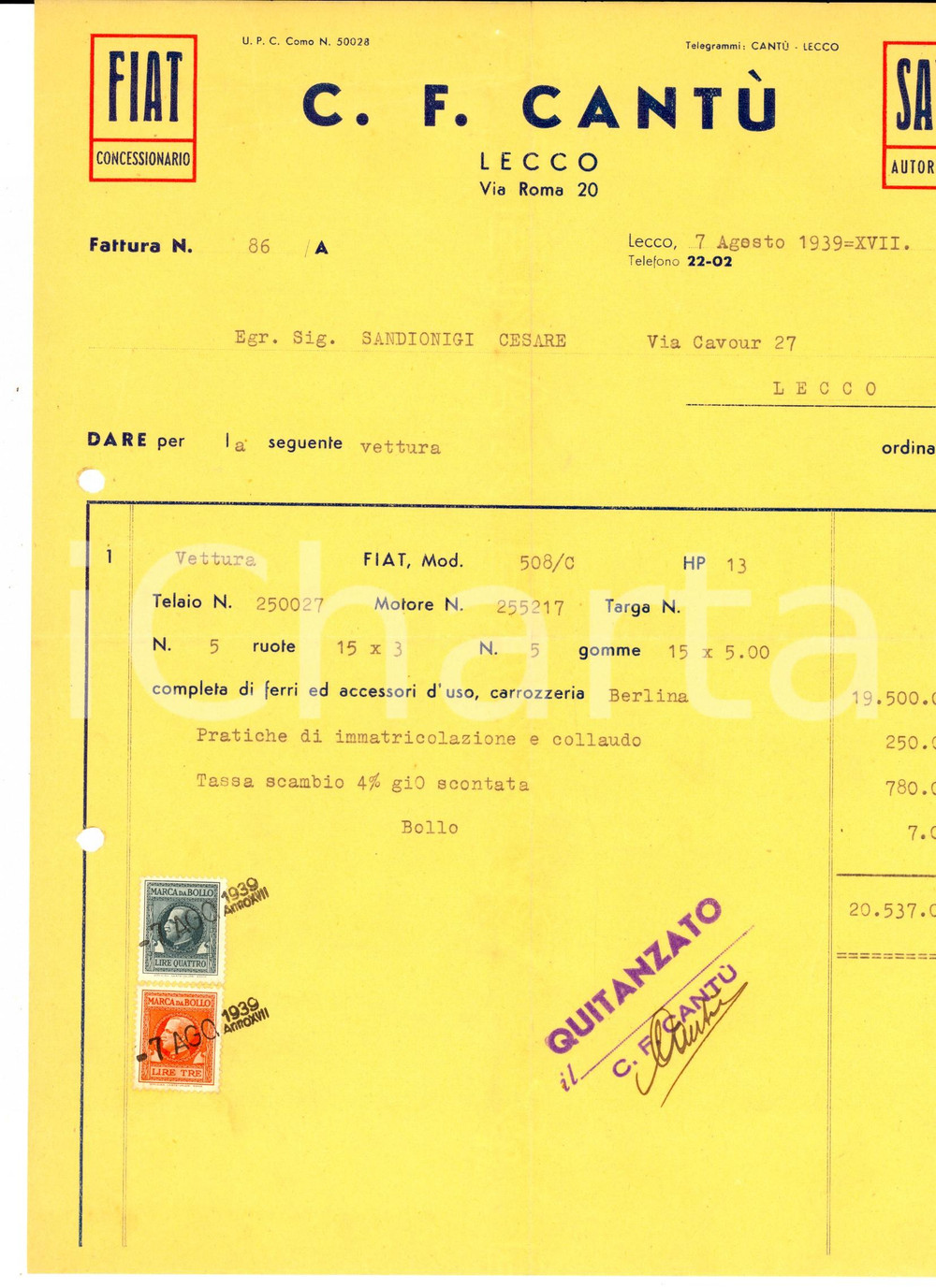 Documento originale, autentico 1939 LECCO Ditta C. F. CANTU  Concessionario FIAT Fattura per vettura FIAT 508/C 1
